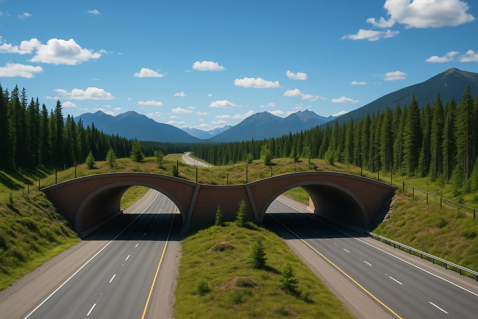 Paso de fauna en Denver, un puente cubierto de vegetación que cruza una autopista rodeada de montañas y bosques.