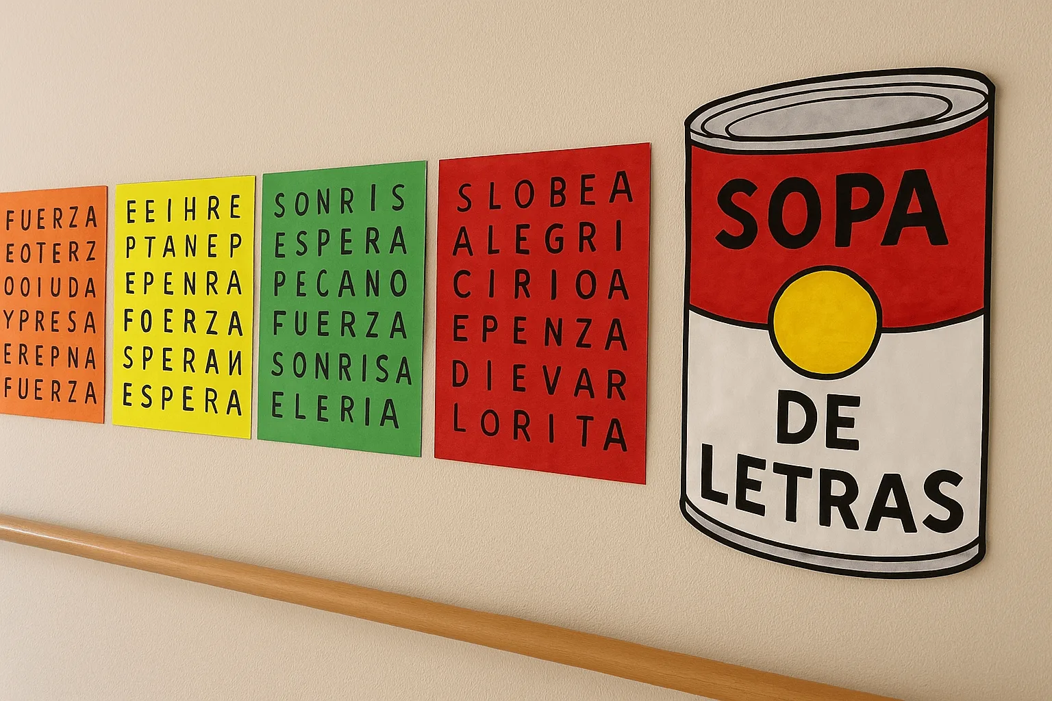 Voluntarios en Uruguay colocando sopas de letras con palabras de aliento en hospitales