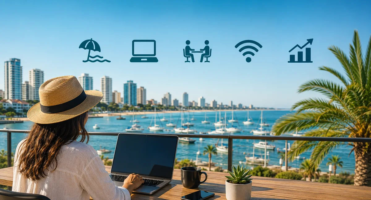 Persona realizando teletrabajo frente a la costa de Punta del Este con iconos de conectividad, coworking, turismo e innovación en Maldonado.